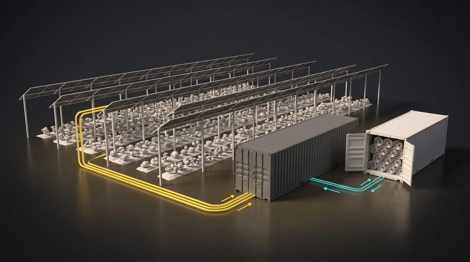KI-generierter Platzhalter: Agri-Photovoltaik auf einer Wüstenfarm mit Energie-Containern