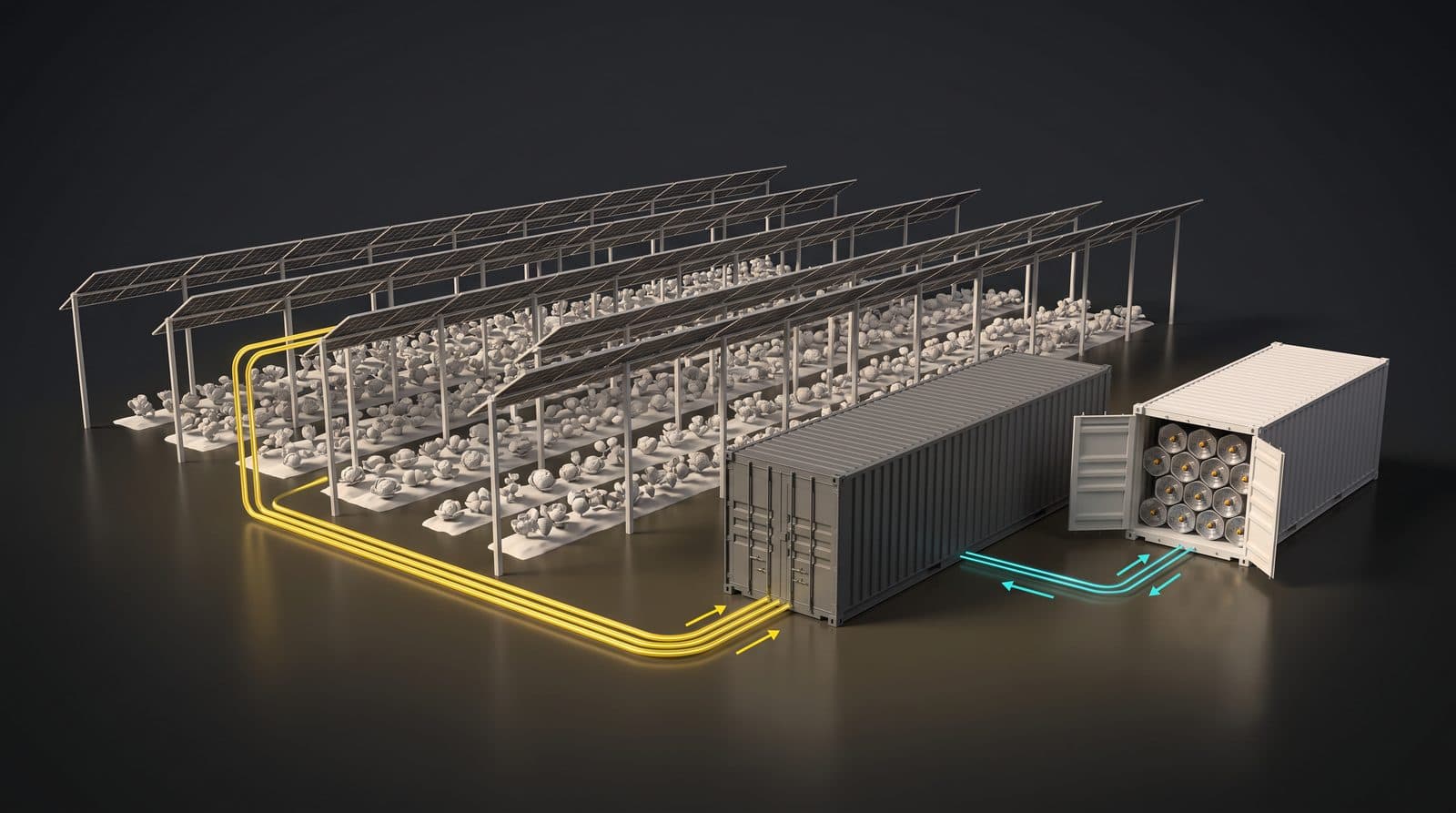 KI-generierter Platzhalter: Agri-Photovoltaik auf einer Wüstenfarm mit Energie-Containern